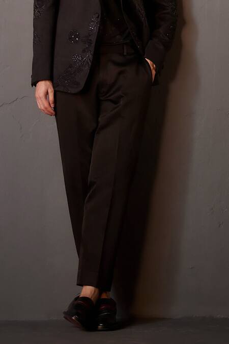 Buy_Jatin Malik_Black Suede, Cotton Beads, Cut Work Embroidered Tuxedo Trouser Set _Online_at_Aza_Fashions
