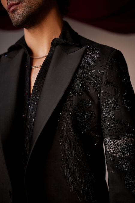Shop_Jatin Malik_Black Suede, Cotton Beads, Cut Work Embroidered Tuxedo Trouser Set _Online_at_Aza_Fashions