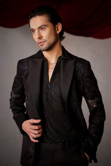 Buy Black Crepe Embroidered Tuxedo Pant Set For Men by Jatin Malik Online  at Aza Fashions.