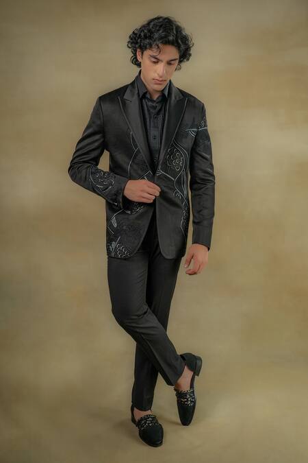 Jatin Malik Black Linen Silk Bead Embroidered Tuxedo Shirt Set