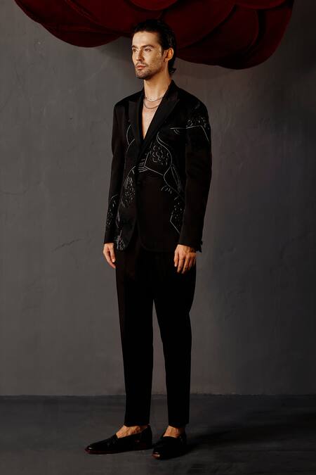 Jatin Malik Black Linen, Silk Beads Embroidered Tuxedo Shirt Set Online at Aza Fashions Jatin Malik_Black Linen, Silk Beads Embroidered Tuxedo Shirt Set _Online_at_Aza_Fashions