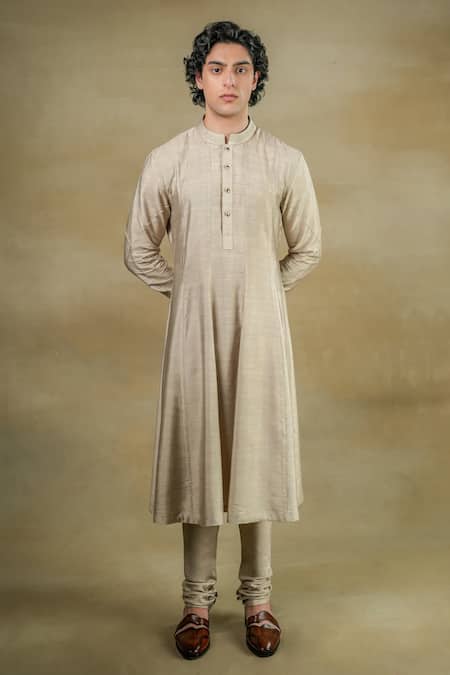 Jatin Malik Grey Linen Silk Plain Kurta Set 