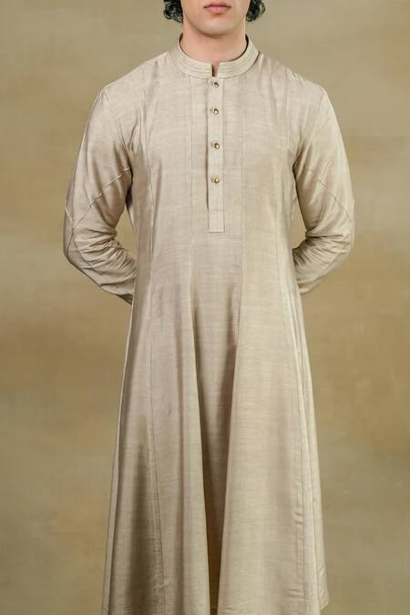 Shop_Jatin Malik_Grey Linen, Silk Plain Kurta Set _at_Aza_Fashions