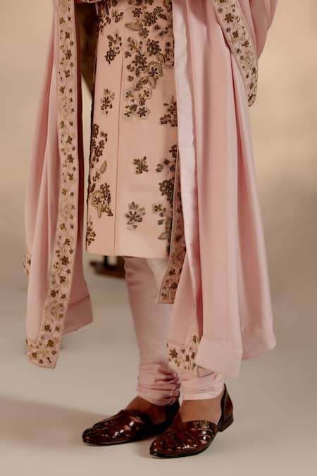 Buy_Jatin Malik_Pink Linen, Silk Embroidery, Zari And Resham Sherwani Set _Online_at_Aza_Fashions