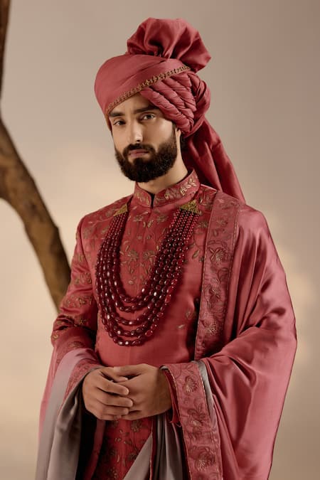 Jatin Malik_Red Linen, Silk Diamonds, Zari, Embroidery Sherwani Set _Online_at_Aza_Fashions