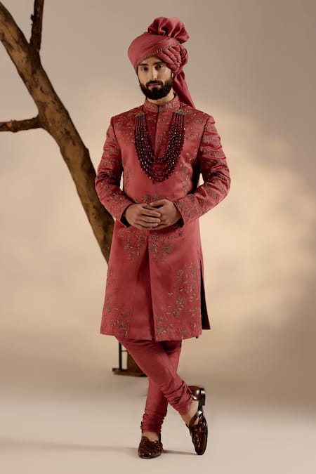 Buy_Jatin Malik_Red Linen, Silk Diamonds, Zari, Embroidery Sherwani Set _Online_at_Aza_Fashions
