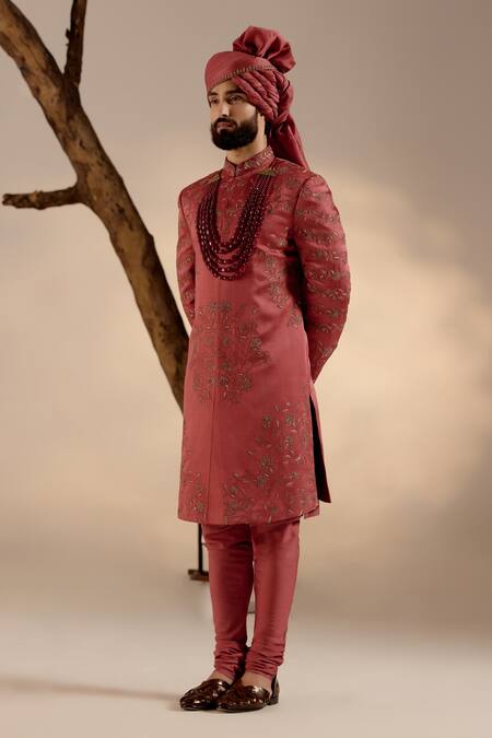 Shop_Jatin Malik_Red Linen, Silk Diamonds, Zari, Embroidery Sherwani Set _Online_at_Aza_Fashions