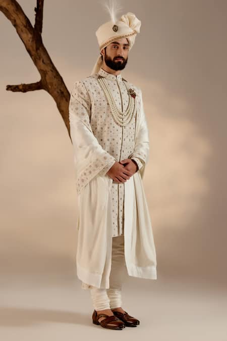 Jatin Malik_White Linen, Silk Pearls Floral Dabka Embroidered Sherwani Set _Online_at_Aza_Fashions