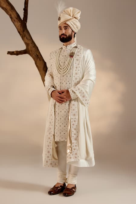 Buy_Jatin Malik_White Linen, Silk Pearls Floral Dabka Embroidered Sherwani Set _Online_at_Aza_Fashions