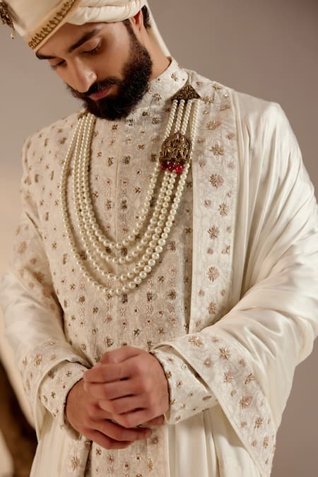 Shop_Jatin Malik_White Linen, Silk Pearls Floral Dabka Embroidered Sherwani Set _Online_at_Aza_Fashions