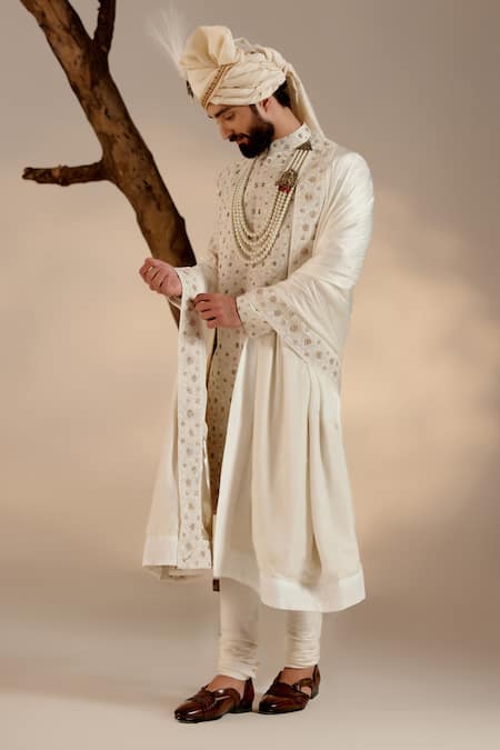 Jatin Malik_White Linen, Silk Pearls Floral Dabka Embroidered Sherwani Set _at_Aza_Fashions