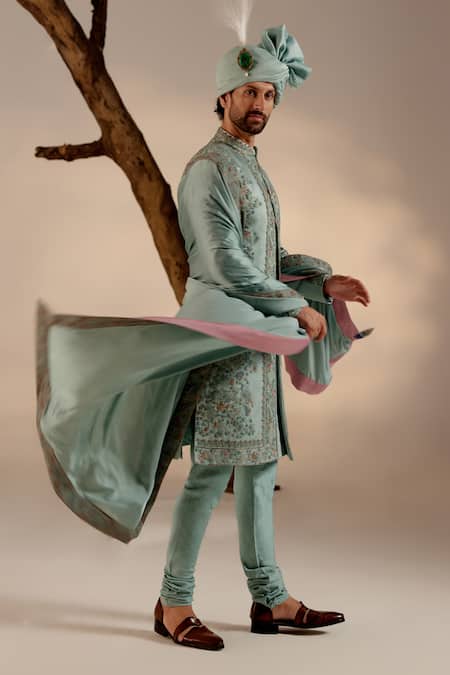 Jatin Malik_Aqua Linen, Silk Embroidery, Zari, Brooches Floral Sherwani Set _Online_at_Aza_Fashions