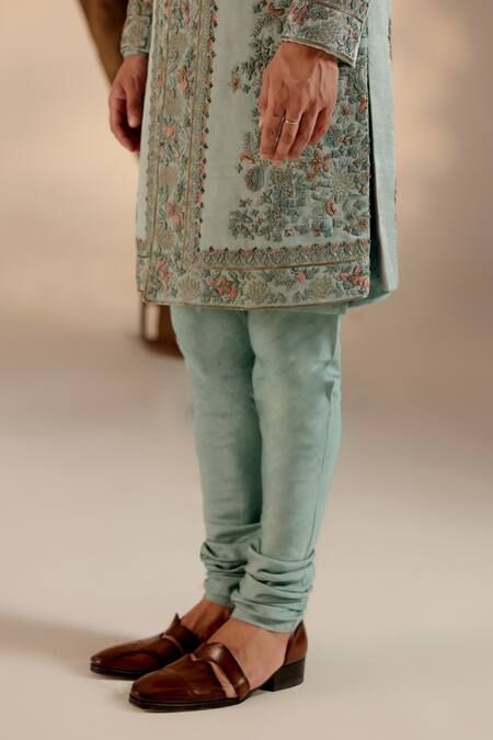 Buy_Jatin Malik_Aqua Linen, Silk Embroidery, Zari, Brooches Floral Sherwani Set _Online_at_Aza_Fashions