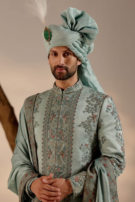 Shop_Jatin Malik_Aqua Linen, Silk Embroidery, Zari, Brooches Floral Sherwani Set _Online_at_Aza_Fashions