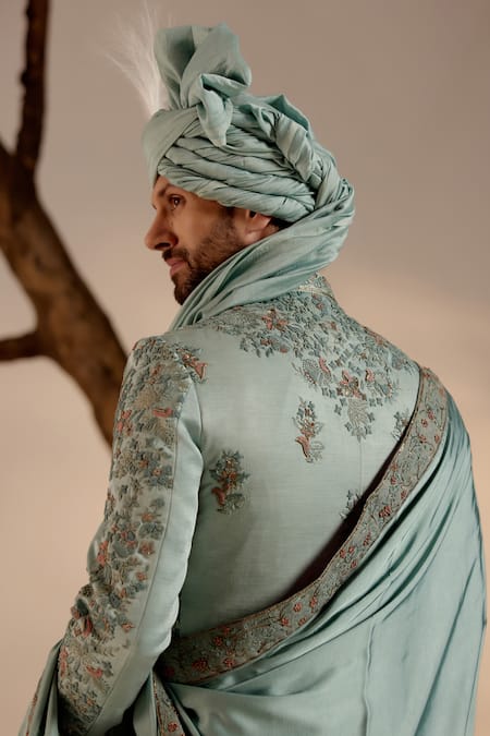 Jatin Malik_Aqua Linen, Silk Embroidery, Zari, Brooches Floral Sherwani Set _at_Aza_Fashions