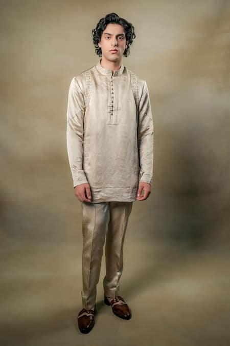 Jatin Malik Grey Linen Silk Embroidery Floral Blast Jacket And Kurta Set 