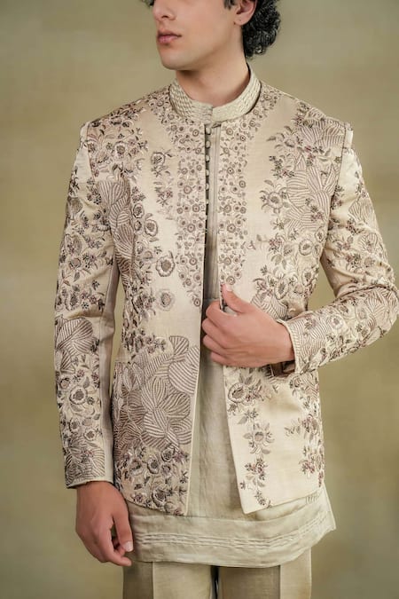 Jatin Malik Grey Linen, Silk Embroidery Floral Blast Jacket And Kurta Set Online at Aza Fashions Jatin Malik_Grey Linen, Silk Embroidery Floral Blast Jacket And Kurta Set _Online_at_Aza_Fashions