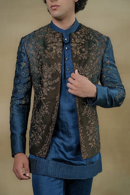 Shop Jatin Malik Blue Linen, Silk Zari Floral Zardozi Embroidered Jacket And Kurta Set at Aza Fashions Shop_Jatin Malik_Blue Linen, Silk Zari Floral Zardozi Embroidered Jacket And Kurta Set _at_Aza_Fashions