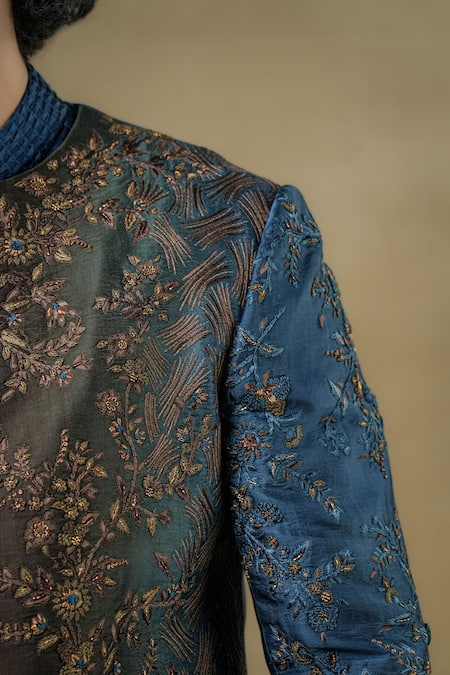 Jatin Malik Blue Linen, Silk Zari Floral Zardozi Embroidered Jacket And Kurta Set Online at Aza Fashions Jatin Malik_Blue Linen, Silk Zari Floral Zardozi Embroidered Jacket And Kurta Set _Online_at_Aza_Fashions
