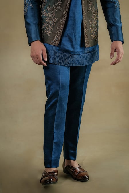 Buy Jatin Malik Blue Linen, Silk Zari Floral Zardozi Embroidered Jacket And Kurta Set Online at Aza Fashions Buy_Jatin Malik_Blue Linen, Silk Zari Floral Zardozi Embroidered Jacket And Kurta Set _Online_at_Aza_Fashions