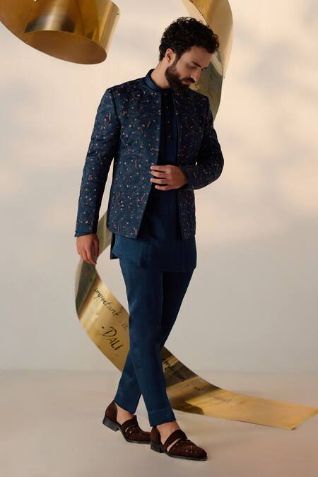 Jatin Malik_Blue Linen, Silk Embroidery Jamawar Jacket And Kurta Set _Online_at_Aza_Fashions