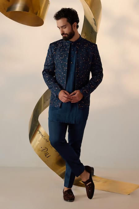 Buy Blue Denim Printed Enchanted Bomber Jacket Kurta Set For Men by PS Men  by Payal Singhal Online at Aza Fashions.