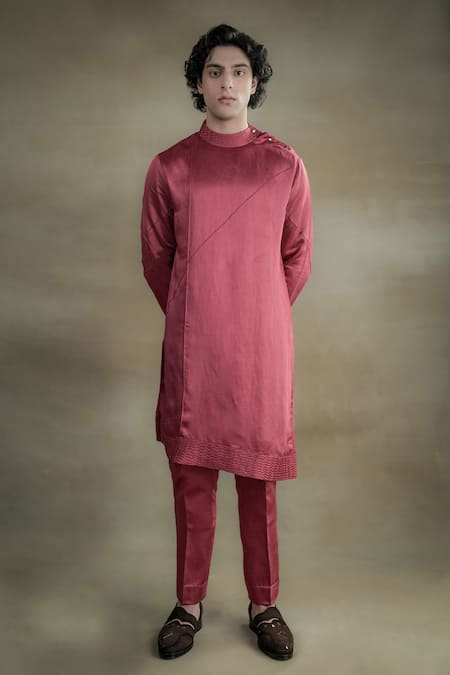 Shop_Jatin Malik_Red Linen, Silk Embroidery Garden Shrug And Kurta Set _at_Aza_Fashions