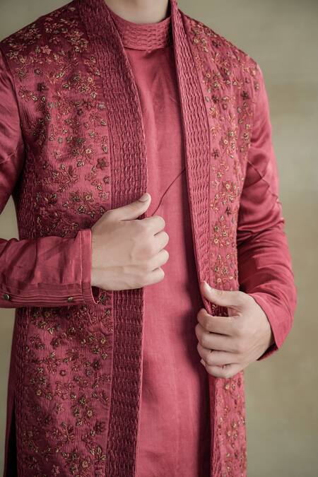 Jatin Malik_Red Linen, Silk Embroidery Garden Shrug And Kurta Set _Online_at_Aza_Fashions