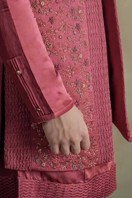 Buy_Jatin Malik_Red Linen, Silk Embroidery Garden Shrug And Kurta Set _Online_at_Aza_Fashions