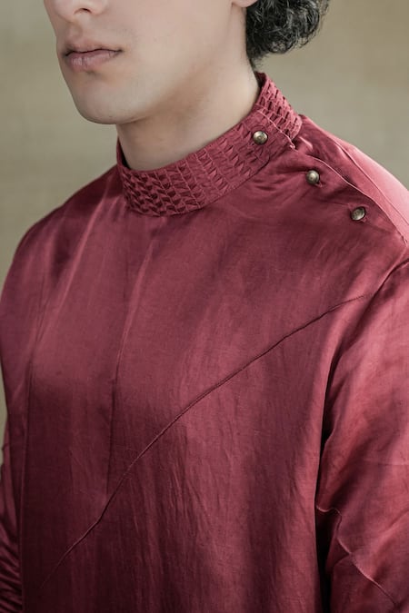 Shop_Jatin Malik_Red Linen, Silk Embroidery Garden Shrug And Kurta Set _Online_at_Aza_Fashions