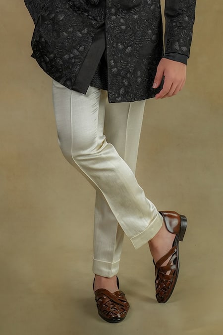 Jatin Malik_Black Linen, Silk Embroidery Dali Floral Garden Bandhgala Set _Online_at_Aza_Fashions