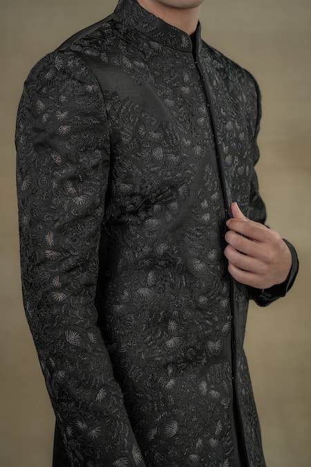 Buy_Jatin Malik_Black Linen, Silk Embroidery Dali Floral Garden Bandhgala Set _Online_at_Aza_Fashions