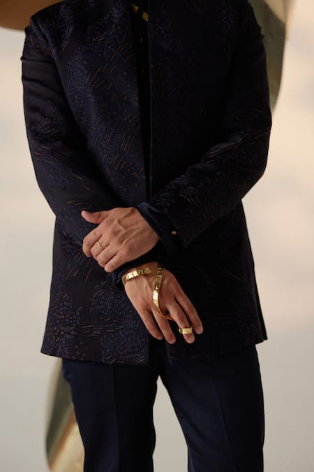 Shop Jatin Malik Blue Linen, Silk Embroidery Celestial Ditsy Floral Bandhgala Set Online at Aza Fashions Shop_Jatin Malik_Blue Linen, Silk Embroidery Celestial Ditsy Floral Bandhgala Set _Online_at_Aza_Fashions