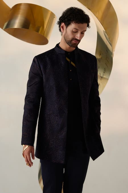 Jatin Malik Blue Linen, Silk Embroidery Celestial Ditsy Floral Bandhgala Set at Aza Fashions Jatin Malik_Blue Linen, Silk Embroidery Celestial Ditsy Floral Bandhgala Set _at_Aza_Fashions