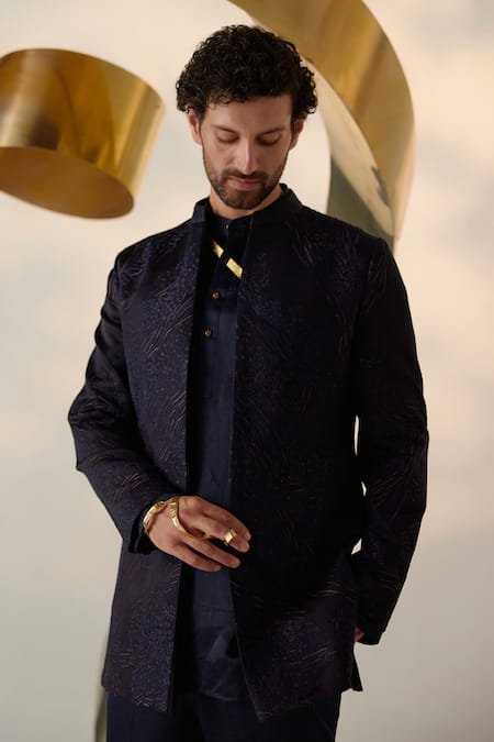 Buy Jatin Malik Blue Linen, Silk Embroidery Celestial Ditsy Floral Bandhgala Set Buy_Jatin Malik_Blue Linen, Silk Embroidery Celestial Ditsy Floral Bandhgala Set