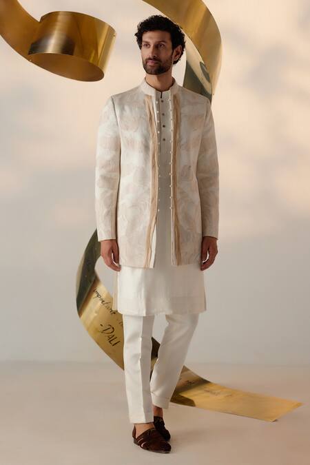 Jatin Malik_Ivory Linen, Silk Embroidery Dreamy Abstract Bandhgala Set _Online_at_Aza_Fashions