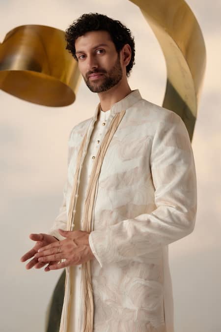 Buy_Jatin Malik_Ivory Linen, Silk Embroidery Dreamy Abstract Bandhgala Set _Online_at_Aza_Fashions