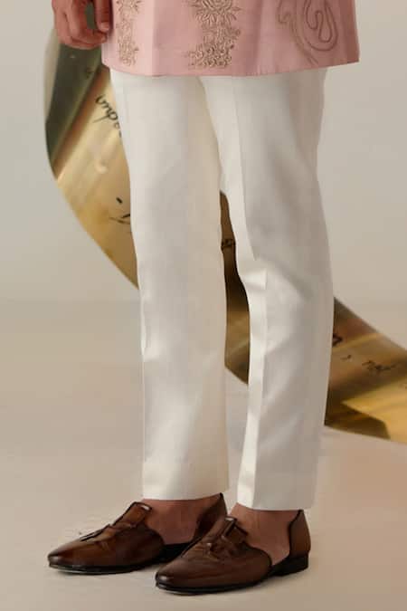 Jatin Malik_Pink Linen, Silk Zari, Embroidery Roseate Bandhgala Set _Online_at_Aza_Fashions