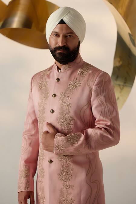 Buy_Jatin Malik_Pink Linen, Silk Zari, Embroidery Roseate Bandhgala Set _Online_at_Aza_Fashions
