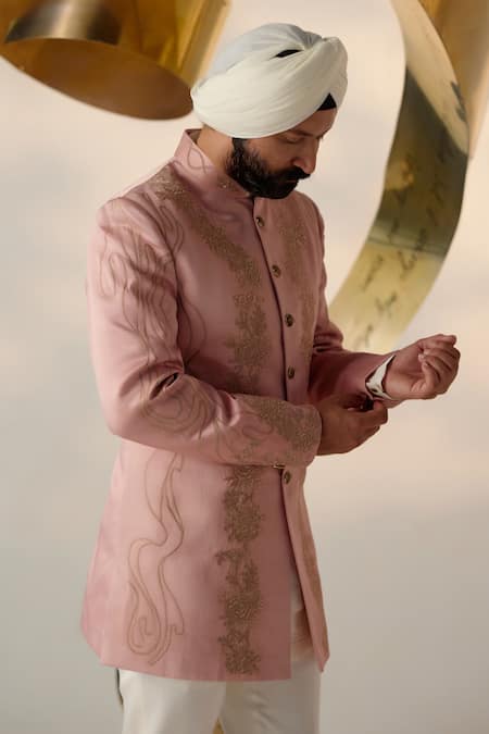 Shop_Jatin Malik_Pink Linen, Silk Zari, Embroidery Roseate Bandhgala Set _Online_at_Aza_Fashions