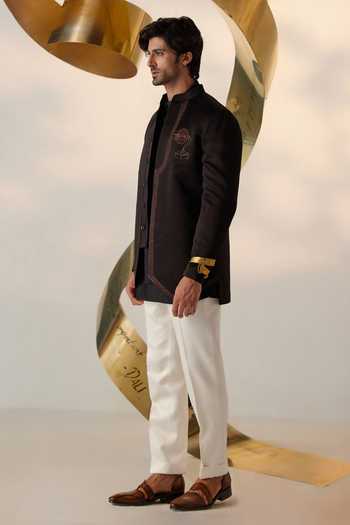 Buy_Jatin Malik_Black Linen, Silk Embroidery Lullaby Gramophone Bandhgala Set _Online_at_Aza_Fashions