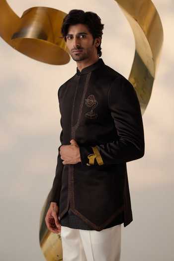 Shop_Jatin Malik_Black Linen, Silk Embroidery Lullaby Gramophone Bandhgala Set _Online_at_Aza_Fashions