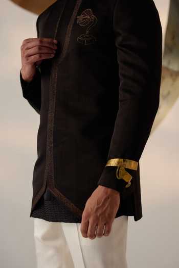 Jatin Malik_Black Linen, Silk Embroidery Lullaby Gramophone Bandhgala Set _at_Aza_Fashions