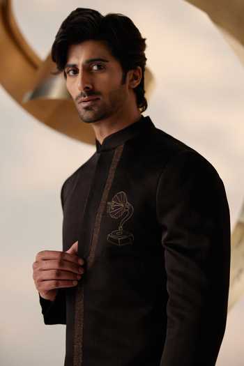 Buy_Jatin Malik_Black Linen, Silk Embroidery Lullaby Gramophone Bandhgala Set 