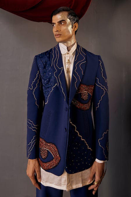 Shop Jatin Malik Blue Kota Doria Embroidery Lips Blazer And Pant Set at Aza Fashions Shop_Jatin Malik_Blue Kota Doria Embroidery Lips Blazer And Pant Set _at_Aza_Fashions
