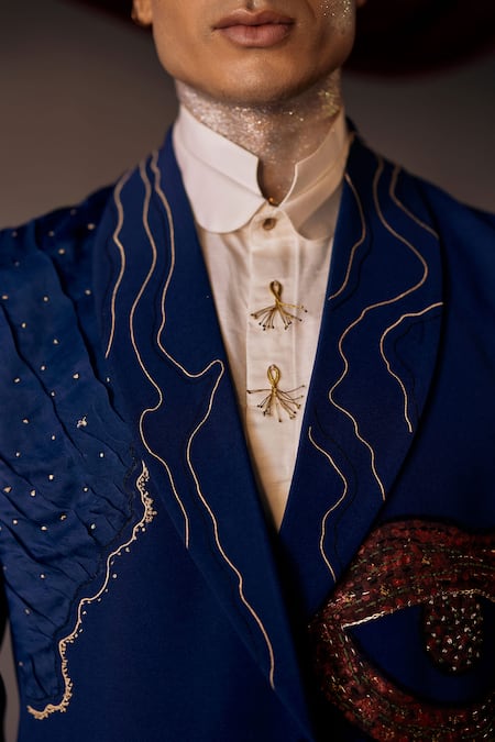 Jatin Malik Blue Kota Doria Embroidery Lips Blazer And Pant Set Online at Aza Fashions Jatin Malik_Blue Kota Doria Embroidery Lips Blazer And Pant Set _Online_at_Aza_Fashions