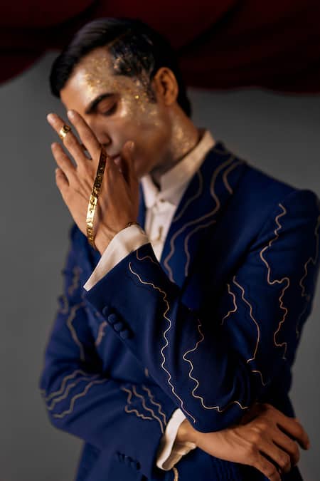 Buy Jatin Malik Blue Kota Doria Embroidery Lips Blazer And Pant Set Online at Aza Fashions Buy_Jatin Malik_Blue Kota Doria Embroidery Lips Blazer And Pant Set _Online_at_Aza_Fashions