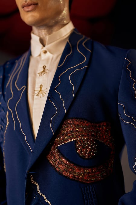 Shop Jatin Malik Blue Kota Doria Embroidery Lips Blazer And Pant Set Online at Aza Fashions Shop_Jatin Malik_Blue Kota Doria Embroidery Lips Blazer And Pant Set _Online_at_Aza_Fashions