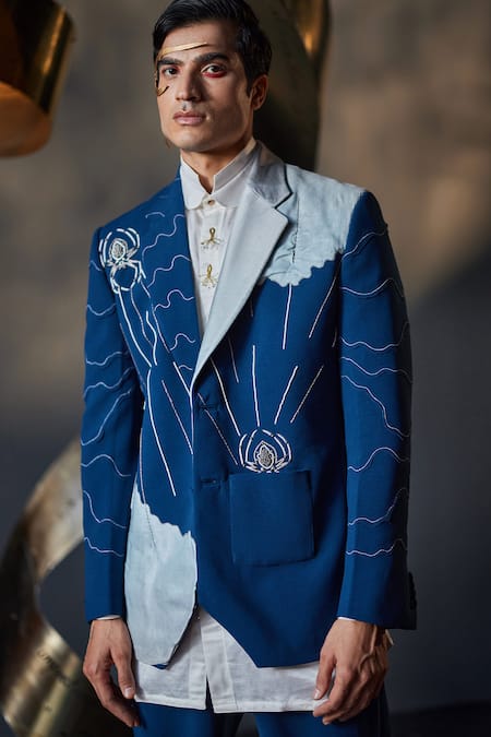 Buy_Jatin Malik_Blue Kota Doria Embroidery The Floating Spider Embellished Blazer And Pant Set _Online_at_Aza_Fashions