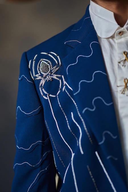 Shop_Jatin Malik_Blue Kota Doria Embroidery The Floating Spider Embellished Blazer And Pant Set _Online_at_Aza_Fashions